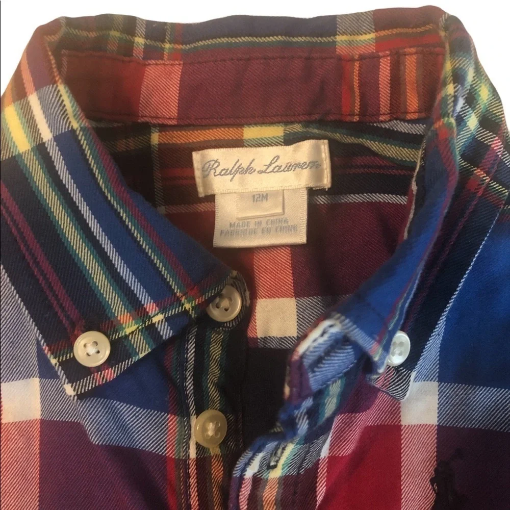 Ralph Lauren blue & red plaid 100% cotton baby onesie with long sleeves